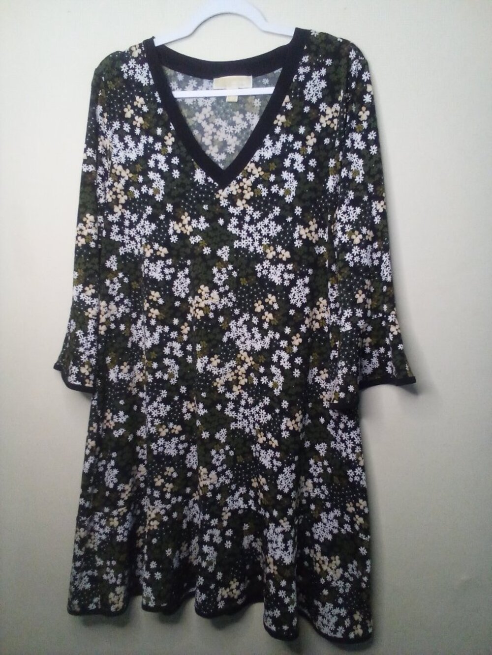 Michael Michael Kors Dress Women 0X 3/4 Bell Sleeve Stretch Pattern Green Black